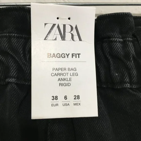 ZARA High Waist Baggy Fit Paper Bag Carrot Leg Ankle Rigid Black Womens 6 - Picture 9 of 16